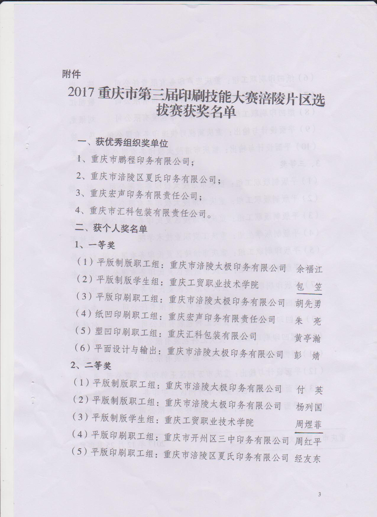 我系员工在重庆市第三届印刷技能大赛涪陵片区选拔赛中获奖